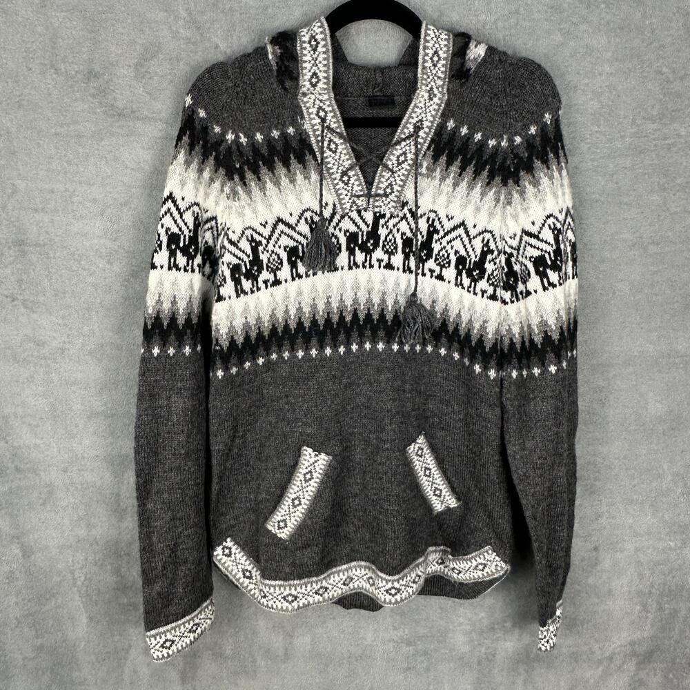 Alpaca Fina Sweater Womens Small Gray Fair Isle Hooded Natural Peru Artisan Boho